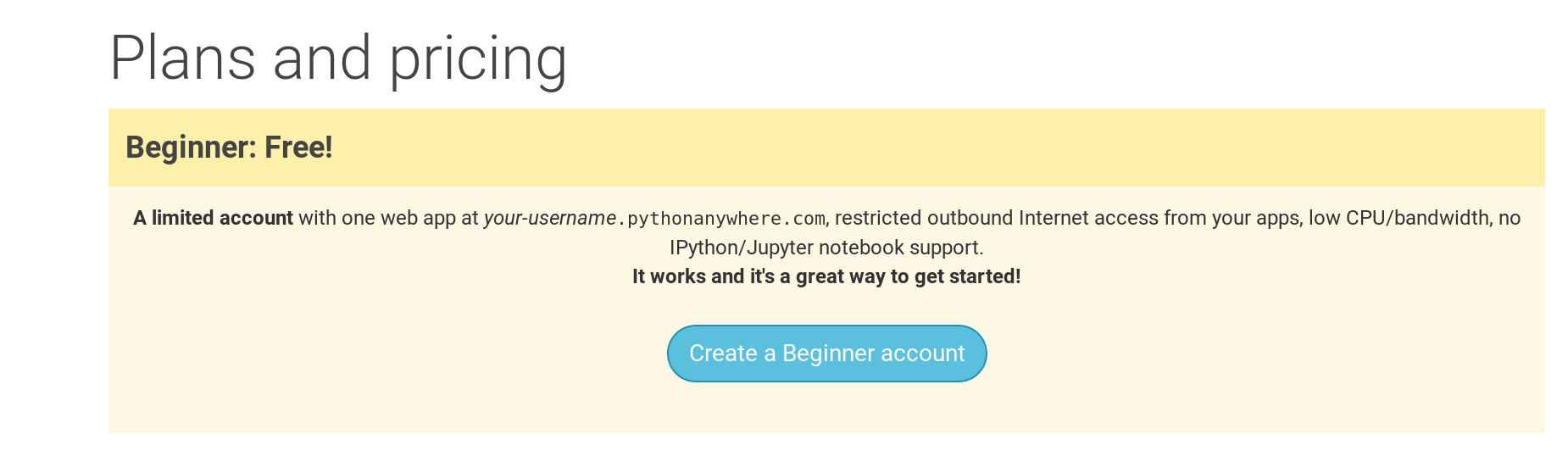 Strona rejestracji PythonAnywhere z przyciskiem, aby utworzyć bezpłatne konto "Beginner".