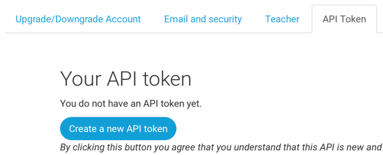 تب API token در صفحه Account