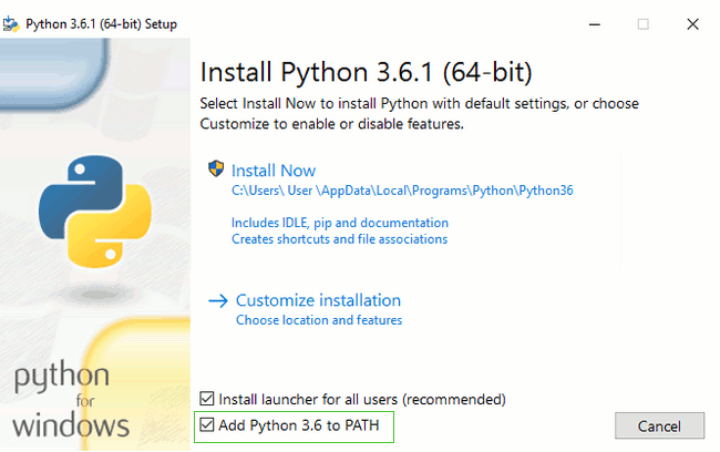N'oubliez pas d'ajouter Python à votre chemin (path)