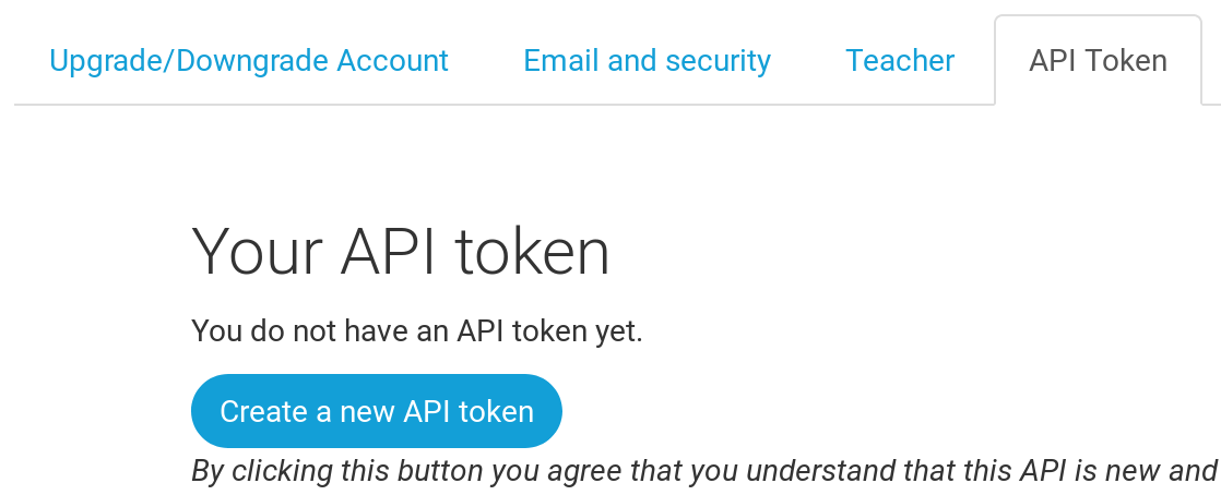 Aba de token da API na página da conta